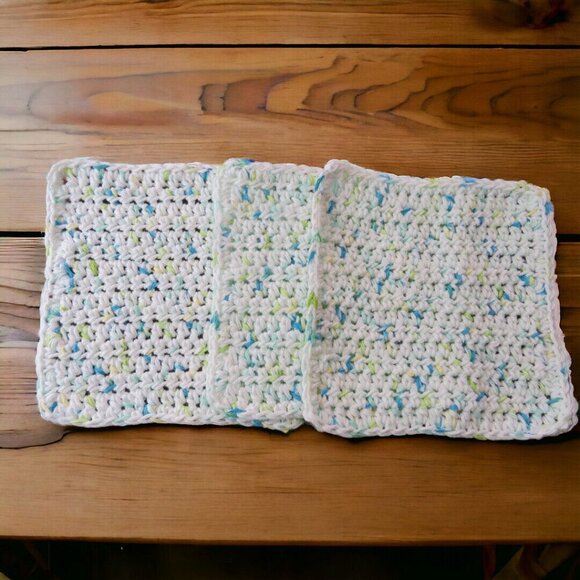 Handmade Crochet Dishcloth Set of 3, Cotton Yarn Happy Go Lucky - Picture 1 of 4